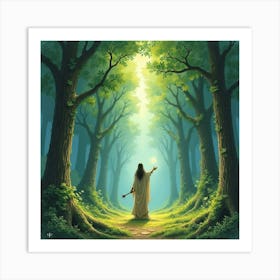 Druid Summoning Nature Spirits In An Ancient Forest, Watercolor Art 1 Art Print