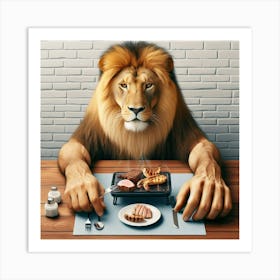 The lion eats steak on a table 1 Art Print