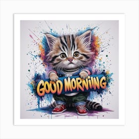 Confident Kitten A Vivid Watercolor Splash Art With Bold Graffiti Typography (4) Art Print