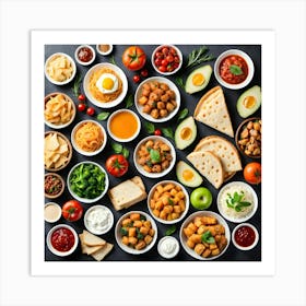 Top View Of Food On A Black Background Art Print