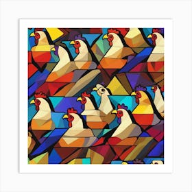 Chickens With Chickens Cubism Style Art Print