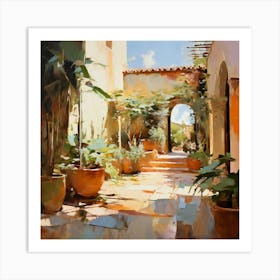 Italian Courstyard Garden Bathed In The Use Of Earthy Tones Encompassing Terracotta Olive Green Art Print