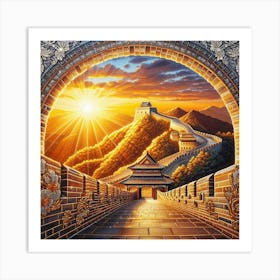 a shimmering diamond painting of the great wall of china at sunset, capturing the warm glow on the intricate latticework. Art Print