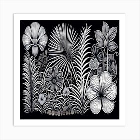 A black and white drawing of flowers and leaves. Art Print