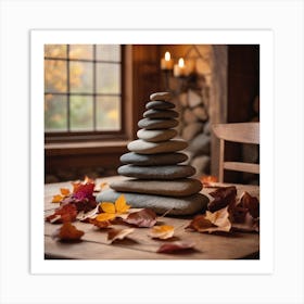 A Pyramid Of Rocks Sits On A Wooden Table Surrounded By Fallen Leaves, Flowers, And A Chair In A Cozy Natural Indoor Setting 3 Art Print