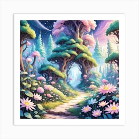 A Fantasy Forest With Twinkling Stars In Pastel Tone Square Composition 258 Art Print