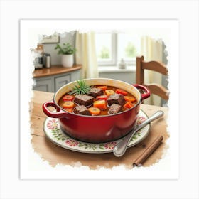 Watercolor Scene Of A Classic And Savory Beef Stew On A Stylish Kitchen Table Art Print