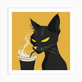 Black Cat Drinking Coffee Art Print