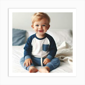 Baby Boy Sitting On Bed Art Print