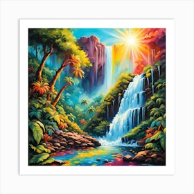 Sunlight Illuminating The Waterfall In Paradise Art Print