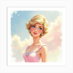 Watercolor Princess Diana Amidst A Dreamy Pastel Colored Sky 1 Art Print