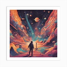 A Retro Style People Space, With Colorful Exhaust Flames And Stars In The Background Art Print