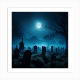 Full Moon Casting An Eerie Glow Over A Cemetery Gravestones Crooked With Names Worn By Time Mist C (7) Art Print