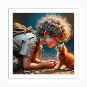 Boy Kissing A Kitten 1 Art Print