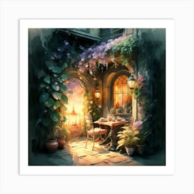 Quiet and attractive dining nook, overgrown flowers, high quality, detailed, highly 3D, elegant carved cart, 10 Art Print