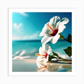 Blue Sea on the Beach with White Hibiscus Flowers Art Print