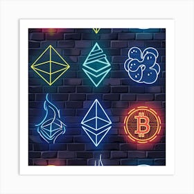 Neon Cryptocurrency Icons Art Print