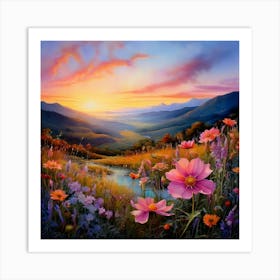 Watercolor Valley Full Of Tall Wild Flowers Vibrant Colours Sunset Pale Blue Sky Art Print