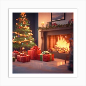 Christmas Presents In Front Of Fireplace 16 Art Print