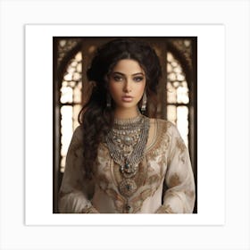 Woman, dark hair, white outfit, intricate embroidery, jewelry, ornate backdrop, elegant appearance. . . beautiful woman with long, dark hair, wearing a white outfit with intricate embroidery and jewelry. She is standing in front of an ornate backdrop, showcasing her elegant appearance. Art Print
