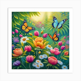 into the garden : Colorful Flowers And Butterflies Art Print