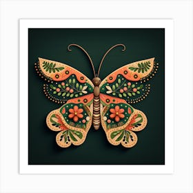 Colorful Butterfly With Orange Green Flowers Art Print