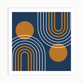 Mid Century Modern Geometric B25 In Navy Blue And Copper (Rainbow And Sun Abstract) 02 Art Print