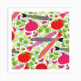 PASTA CON MOLLICA DI PANE Gourmet Italian Food with Anchovy Fish Spaghetti Tomatoes Garlic Herbs in Bright Red Pink Black Green on Checkerboard Art Print