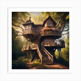 Woodland Oak Tree House Art Print