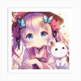 Anime Girl With Cat Art Print