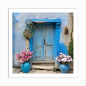 Blue wall. An old-style door in the middle, silver in color. There is a large pottery jar next to the door. There are flowers in the jar Spring oil colors. Wall painting.6 Art Print