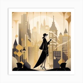 Art Deco inspired illustration of a woman wearing a fur coat and a cloche hat Art Print