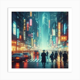 A Cyberpunk City Street Scene with People Crossing the Road in the Rain While Cars Drive By and Neon Lights Glow in the Background Art Print