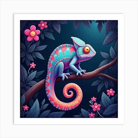 A Whimsical Chameleon With A Tail Of Glowing, Neon Patterns Blending Into A Vibrant Jungle 1 Art Print