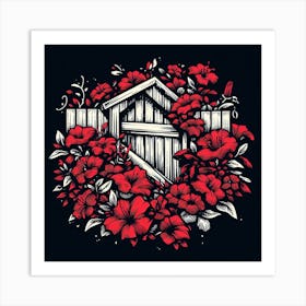 Red Flowers And A Wooden Fence Art Print