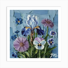 Irises Asters and Pansies Art Print