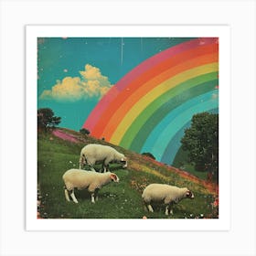 Sheep Retro Rainbow Collage 1 Art Print