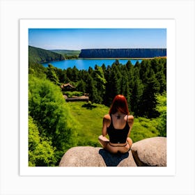 Woman Sits On A Rock Overlooking A Lake Art Print