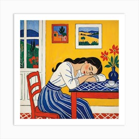 Woman Sleeping At The Table Art Print