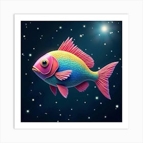 A Surreal Fish With Rainbow Colored Scales Swimming Through A Cosmic Sea Art Print