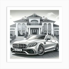 A Pencil Drawing Of A Mercedes Benz AMG In Front Of A Beautiful Modern Mansion Art Print