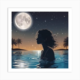 Woman In The Water At Night Art Print
