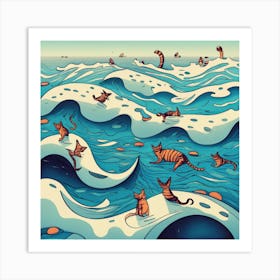 Cats enjoy swimming In The Ocean Art Print