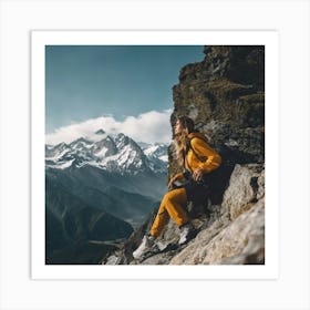 Woman Sitting On A Mountain Art Print