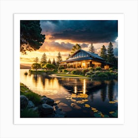 Lake House At Sunset Art Print