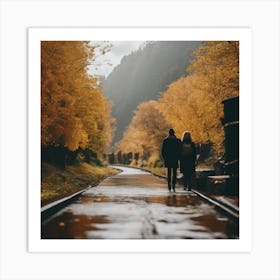 Couple Walking On A Train Track Art Print