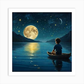 Boy In A Boat At Night Art Print