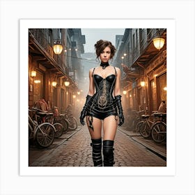 Steampunk Lady Walking The Street Cubism Style Art Print