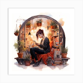 Girl In A Library With Plants Watercolour Art Print