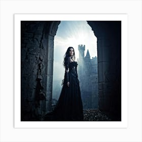 Gothic Woman Standing Before An Ancient Medieval Castle Bathed In Sunbeam Rays Sinister Ambiance D Art Print